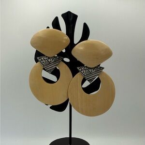 Vintage Bohemian Tribal Statement Clip On Dangle Wood/Bone Earrings